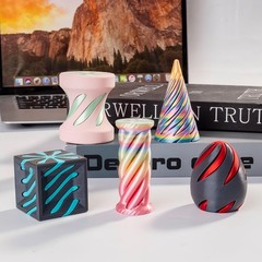 5 Pack Spiral Cone Cylinder Cube Fidget Toys 3D Printed 5 inches, Multicolor