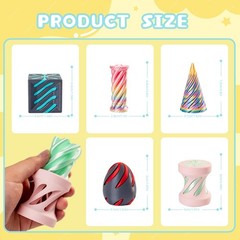 5 Pack Spiral Cone Cylinder Cube Fidget Toys 3D Printed 5 inches, Multicolor