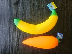 LOT OF 2 – Sunny Days Jumbo Squeezy Banana & Carrot – Viral Squishy Toy – NEW