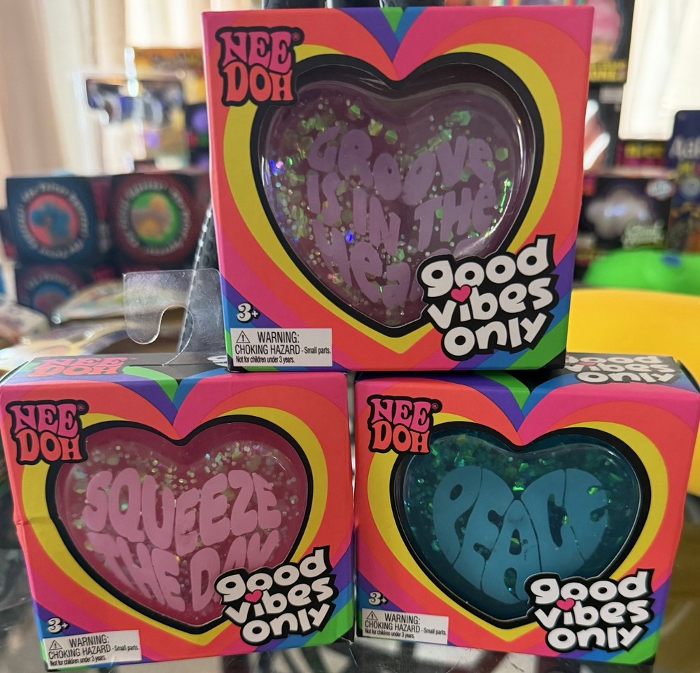 AUTHENTIC NeeDoh! Lot of 3 Good Vibes Only Heart Squishy (Pink Purple Blue) NEW!