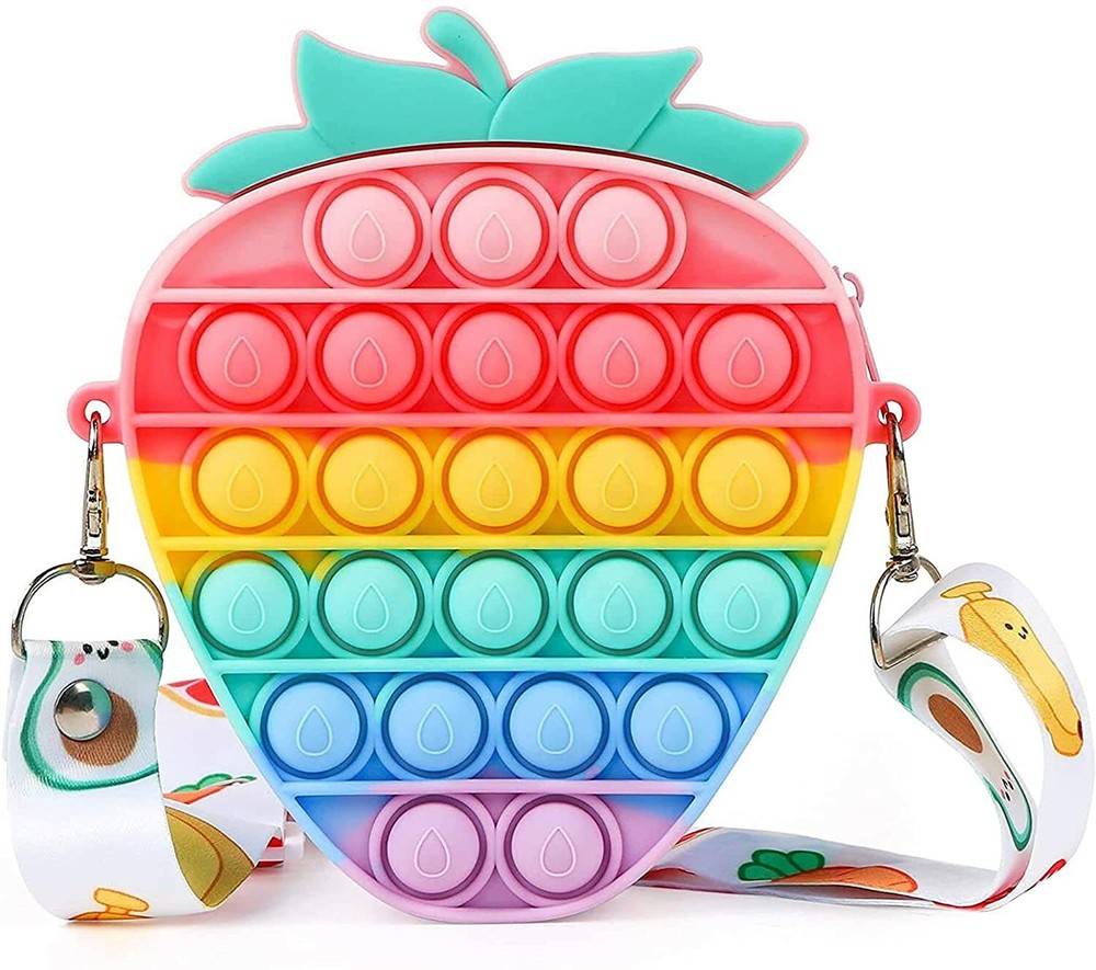 Rainbow Strawberry Bag w Shoulder Strap Pop Fidget Toy Simple Dimple Pop Bag