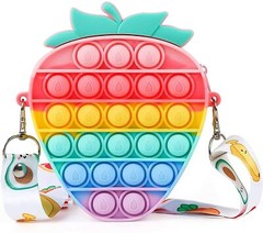 Rainbow Strawberry Bag w Shoulder Strap Pop Fidget Toy Simple Dimple Pop Bag