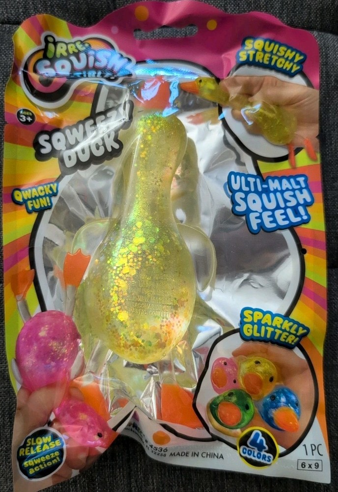 JaRu Irresquishtible Squeezy Duck Glitter Yellow Squishy Fidget Stress Ball NEW