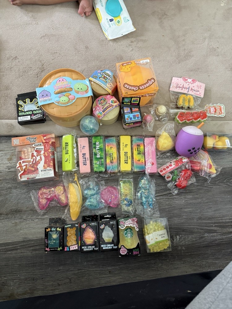 30+ Toy Bundle Lot – Slime, Squishies, Stress Balls, including a big dumpling 🥟
