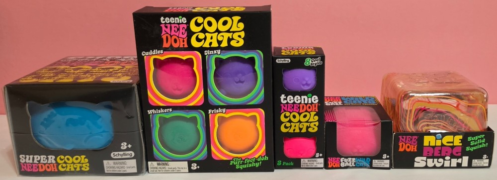 Needoh Nee Doh Lot of 5 Bundle Set Super Teenie Fuzz Ball Cats Nice Berg Swirl
