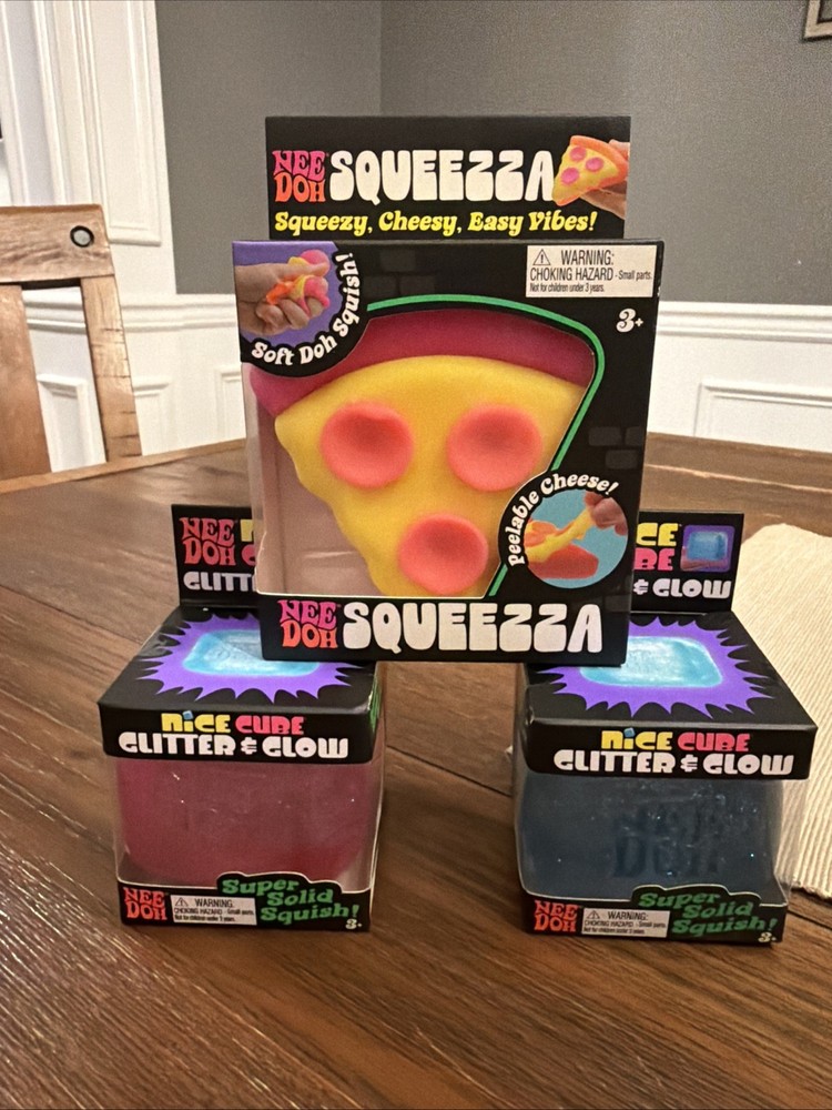 NeeDoh Squeeza Pizza & (2) Nice Cube Glitter & Glow Squish Toy Lot Multicolor