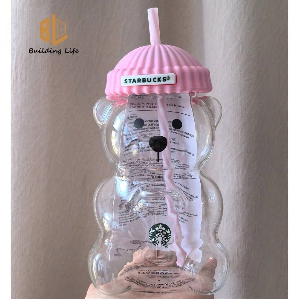 Starbucks Bearista Pink Bear Glass Tumbler Cold Cup with Straw 20oz 591ml
