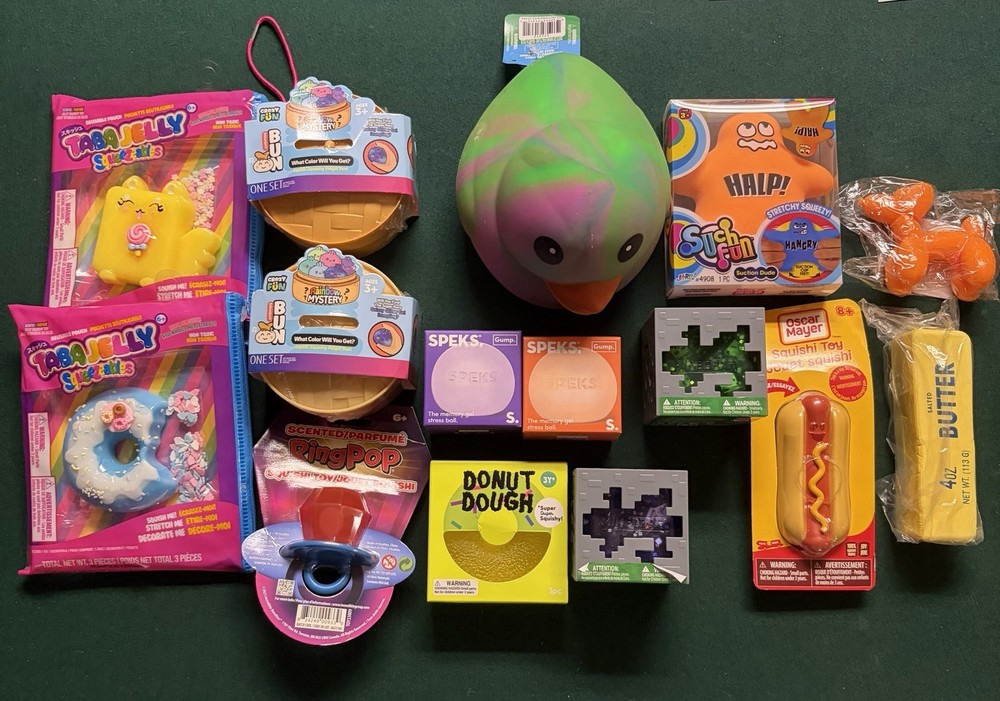 Squishy Toys Lot of 15 Assorted,Speks, butter, tabs, J’Adore Dumpling, Minecraft
