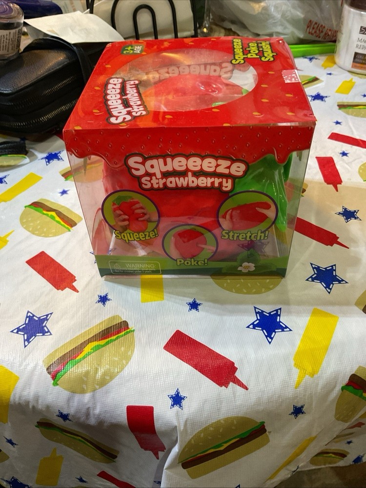 Strawberry Tactile Squeeze Squish Poke Toy in Box Red Ages 4-11