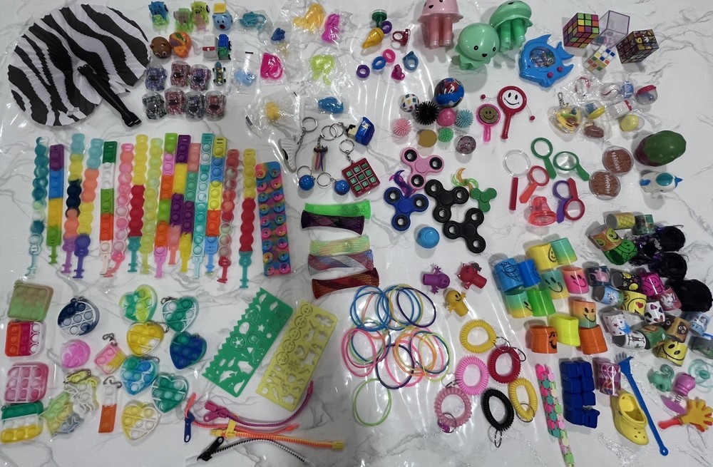 Assorted Prizes Fidget Spinners Pop-It Bracelets Rings Cars & More 200+ Pieces