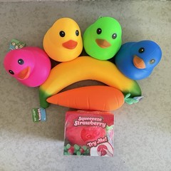 Squeezy Strawberry, Banana, Carrot, & (4) Ducks Lot of (7) Squish Toys