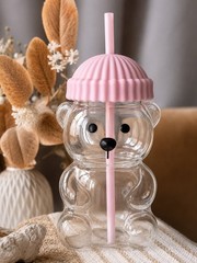 Starbucks Bearista Pink Bear Glass Tumbler Cold Cup with Straw 20oz 591ml