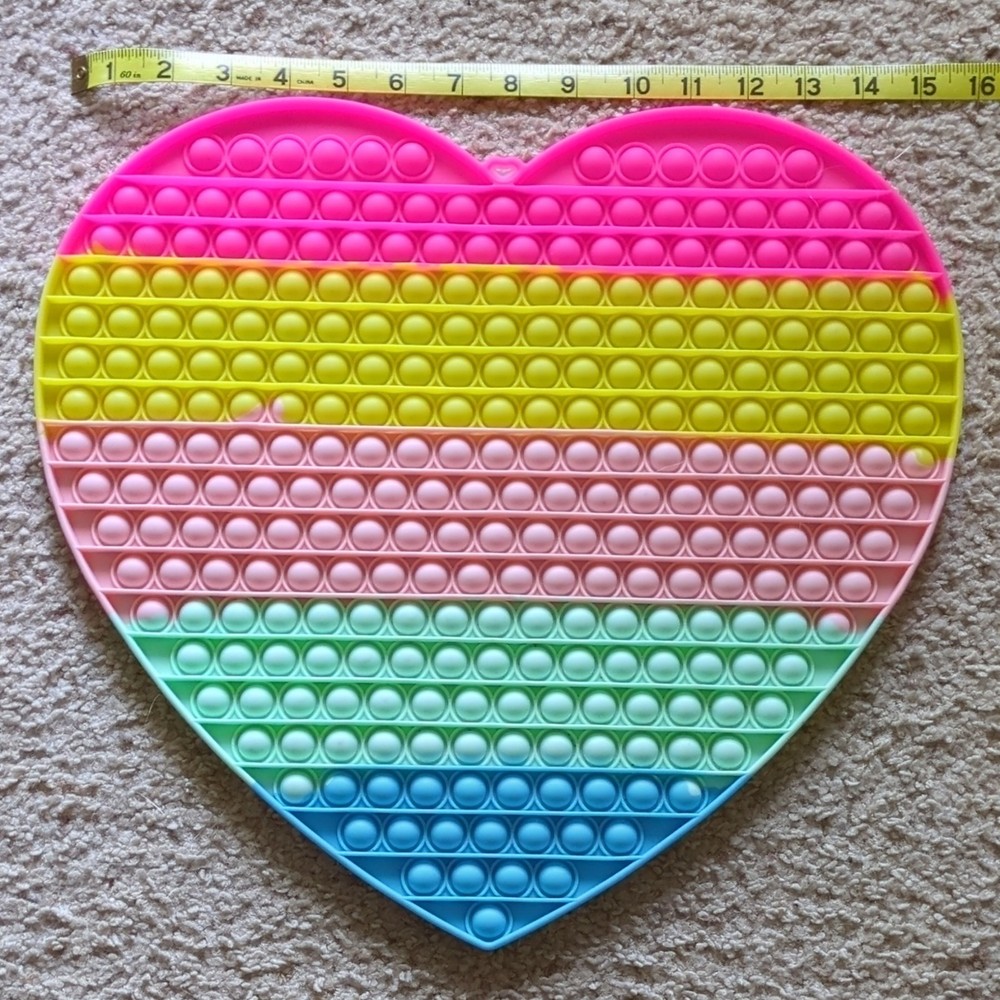 Jumbo 15″ X 13″ X .5″ Heart Rainbow Stripes Pop It Silicone Sensory Fidget Toy