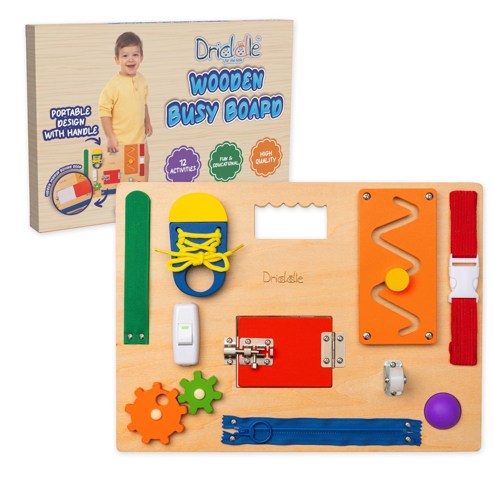 Driddle Busy Board – Wooden Montessori Activity for Toddlers & Compact