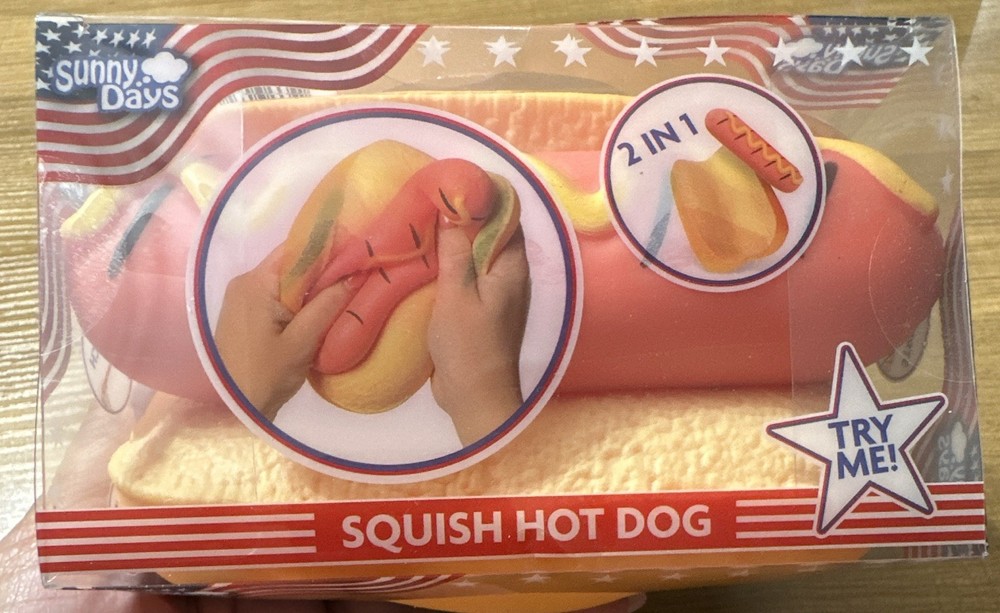 Sunny Days Squish Hot Dog 2-in-1 Tactile Squeeze Toy, Yellow Red, Ages 3-4