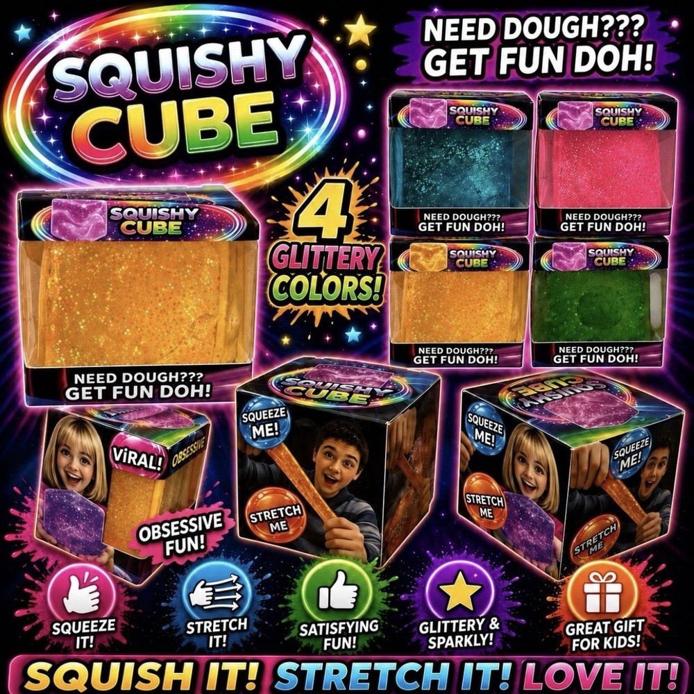 VIRAL Squishy YELLOW GLITTER Sugar Squishy Cube 2.5” Nice Cube Viral Squishy