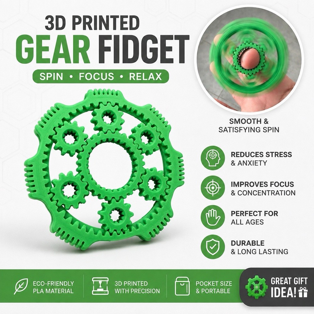 3D Printed Gear Fidget Spinner Toy | Anxiety Relief Focus Desk Toy