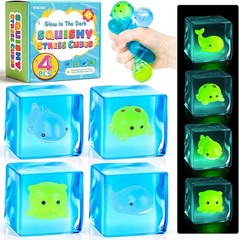 4pcs Pack Glow in the Dark Squishy Stress Cubes Sea Animal Fidget Toys for Kids