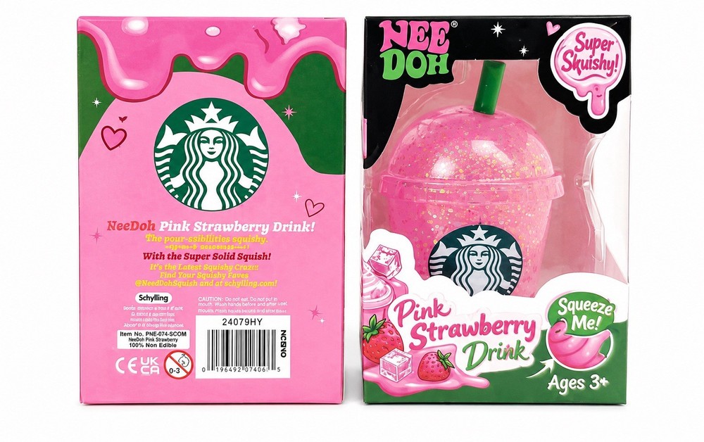 NeeDoh Pink Strawberry Drink Super Squishy Glitter Fidget Toy New Sealed