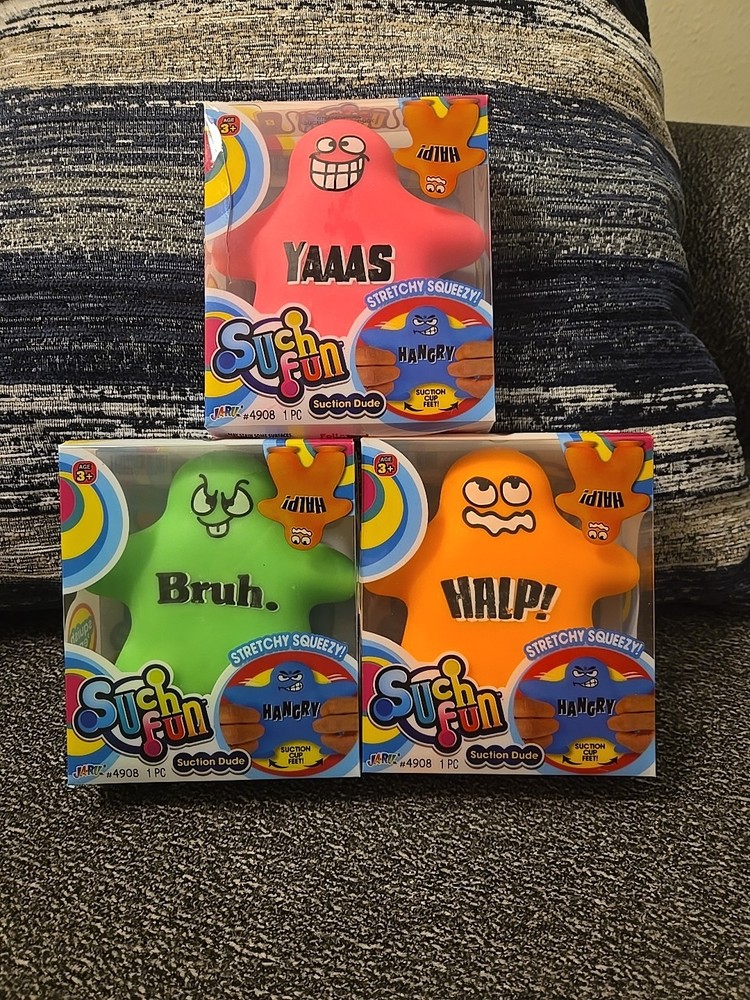 LOT OF 3 Jaru Suction Dudes, Orange, Pink, Green Stretchy Squeezy Fidget Toys