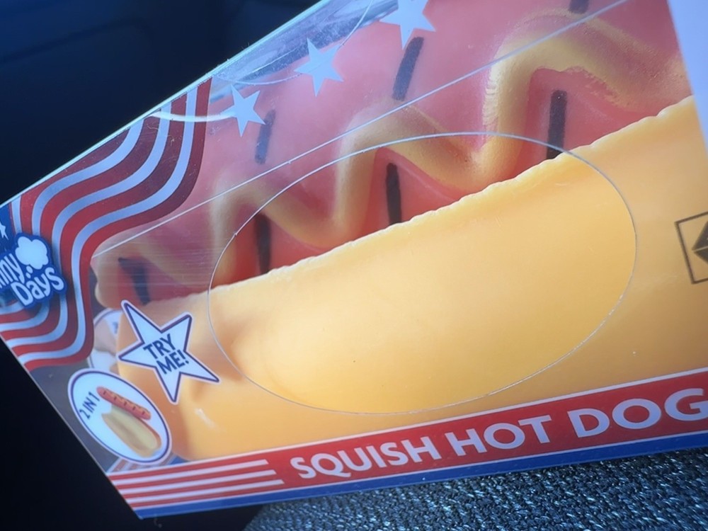 Sunny Days Jumbo Hot Dog Squishy 2-in-1 Tactile Squeeze Toy Yellow/Orange NEW