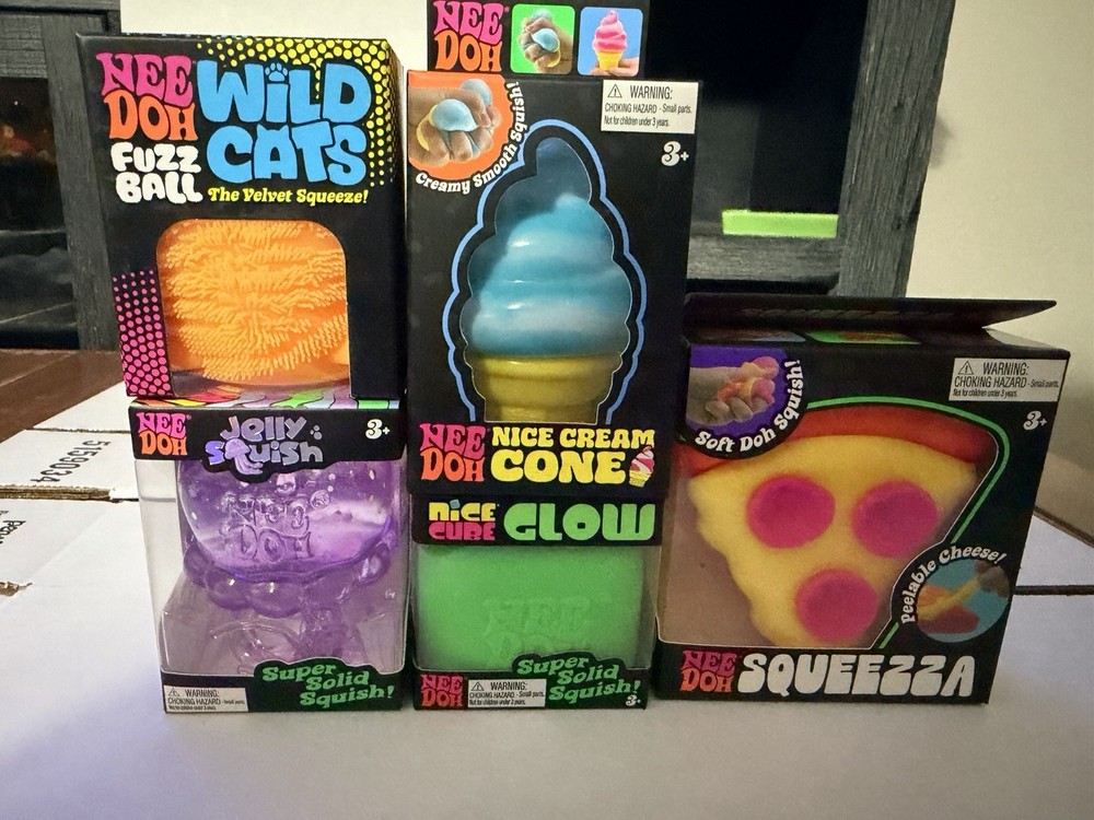 Needoh Lot Of (5). Jelly Squish, Fuzz Ball Wild Cats, Squeezza, Cream Cone, Glow